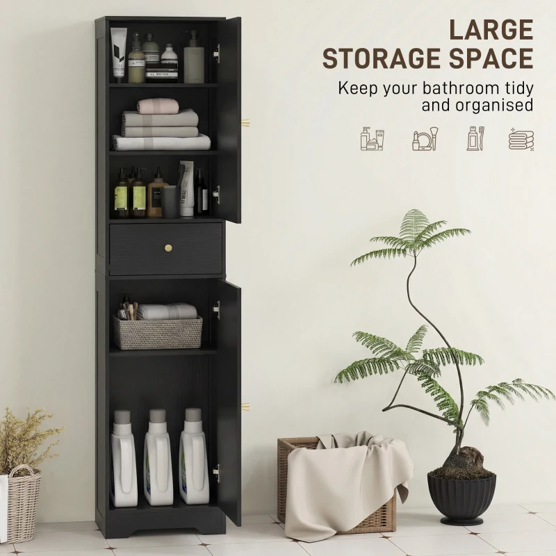 HOMCOM 67" Tall Bathroom Cabinet, Slim Bathroom Storage Cabinet with 2 Doors, Drawer and Adjustable Shelf, Black Wood Grain