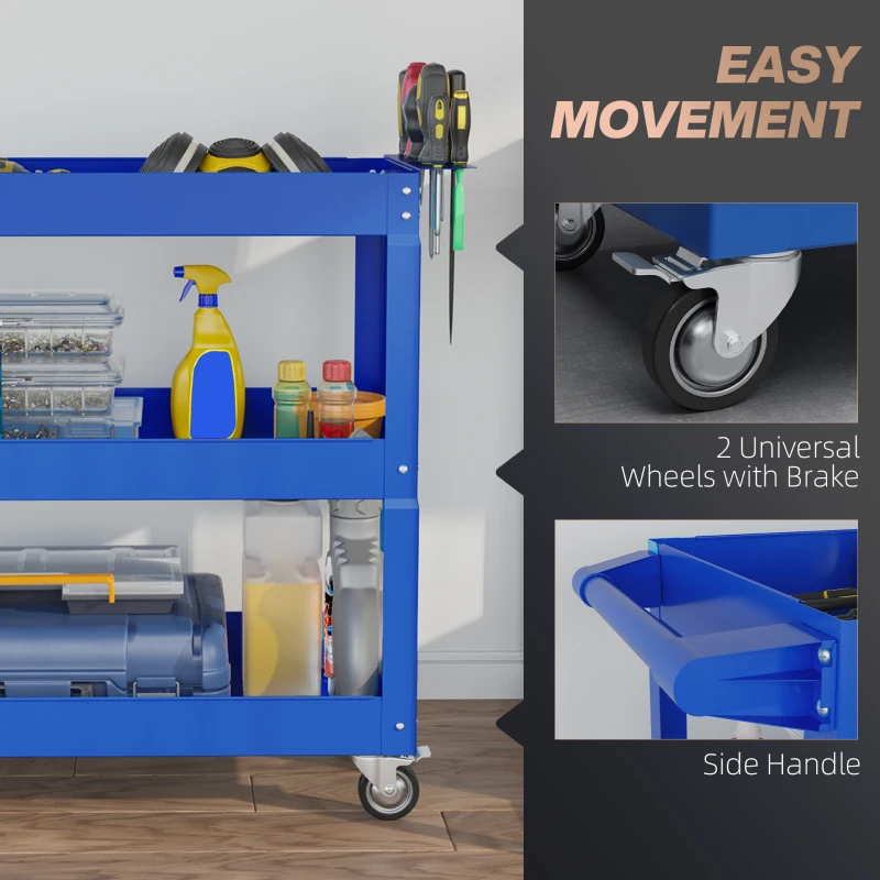 DURHAND 3 Tier Rolling Tool Cart with Wheels, 330 LBS Capacity Heavy Duty Utility Cart, Mobile Service Cart for Garage, Blue