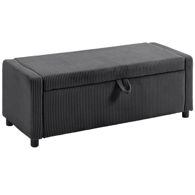 HOMCOM Storage Ottoman, Upholstered Corduroy End of Bed Bench with Thick Padding, Storage Bench for Bedroom, Dark Grey