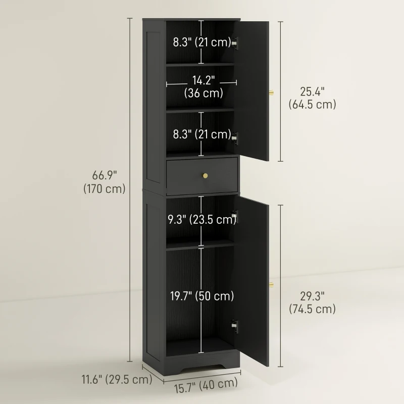 HOMCOM 67" Tall Bathroom Cabinet, Slim Bathroom Storage Cabinet with 2 Doors, Drawer and Adjustable Shelf, Black Wood Grain