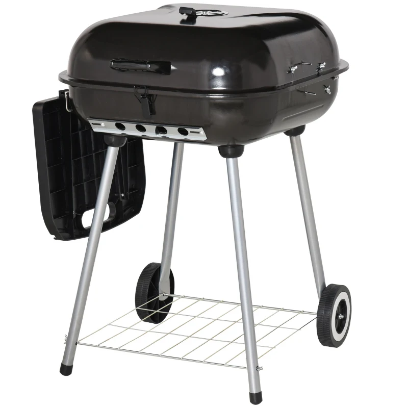 Outsunny Charcoal BBQ Grill with Warming Rack & Storage Side Table, Portable Barbecue Smoker, 89 x 60 x 83 cm, Black