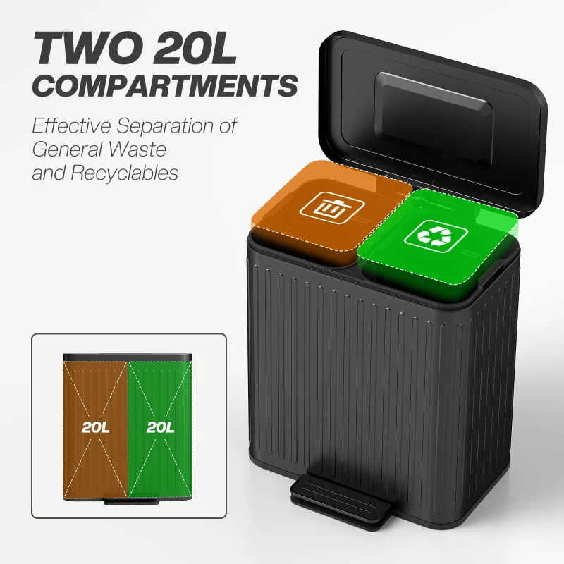 HOMCOM Trash Can, 2 x 5.3 Gallon (2 x 20 L) Garbage Can with Soft-Close Lid, Removable Inner Buckets for Kitchen Home Office