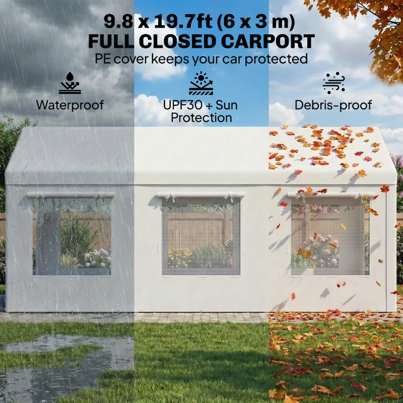 Outsunny 10' x 20' Heavy Duty Carport, Height Adjustable Portable Garage Car Canopy Tent Shelter with Doors, Windows, White