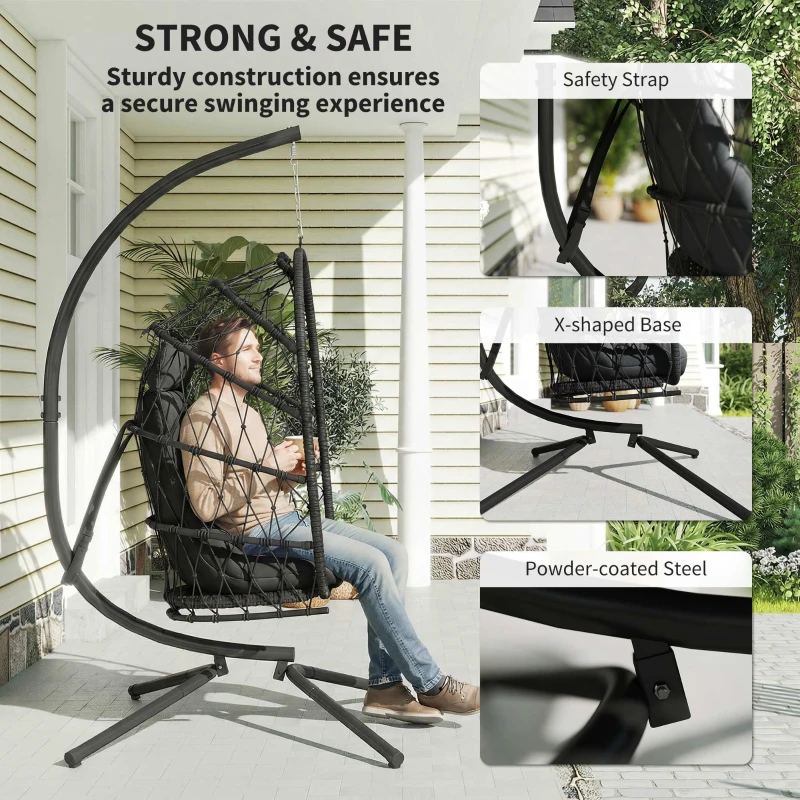 Outsunny Hanging Egg Chair with Stand, Foldable Wicker Rattan Swing Chair with Thick Cushion, Dust Cover and Safety Rope, Black