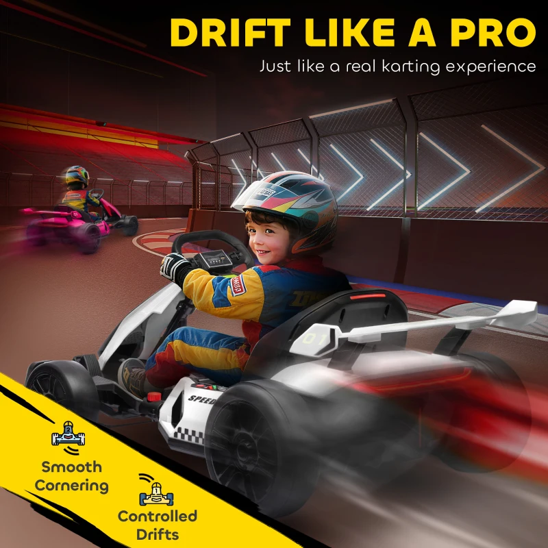 Aosom 24V Electric Go Kart, Battery Powered Kids Drift Kart with Adjustable Seat, Seat Belt, Horn, Music, Light, White