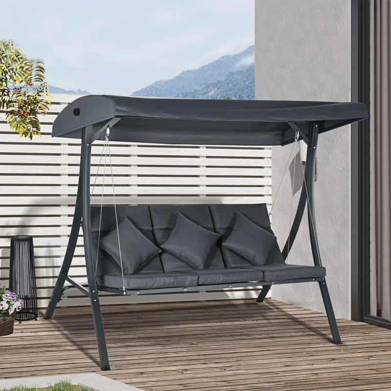 Outsunny 3-Person Patio Swing Chair, Outdoor Porch Swing Bench with Adjustable Canopy, Cushioned Seat, Dark Grey