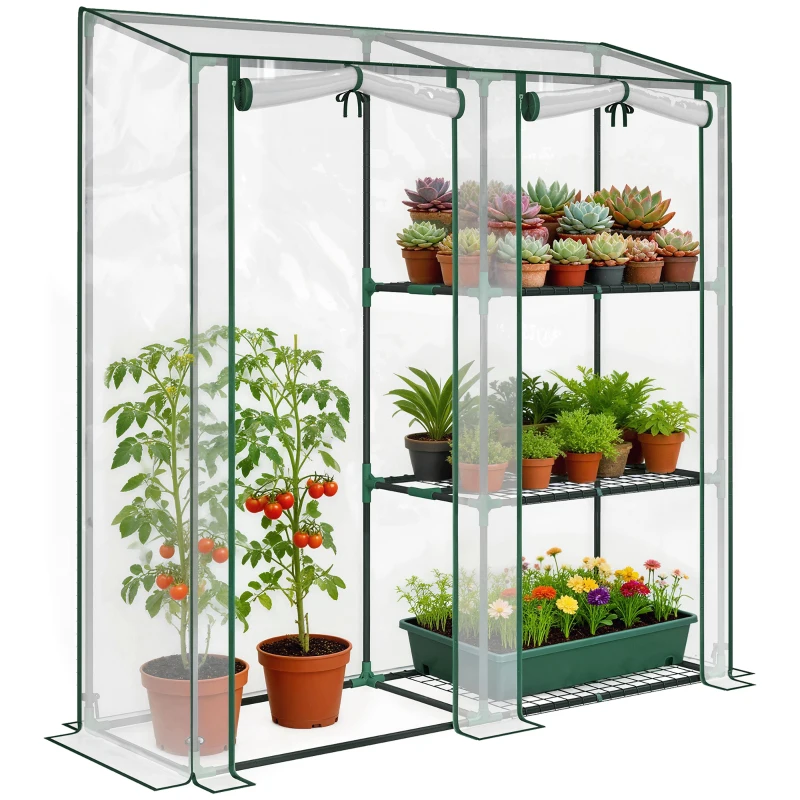 Outsunny Mini Greenhouse, Portable Greenhouse with 3 Shelves, 2 Roll-up Doors, 56.3" x 17.7" x 59.4", Clear