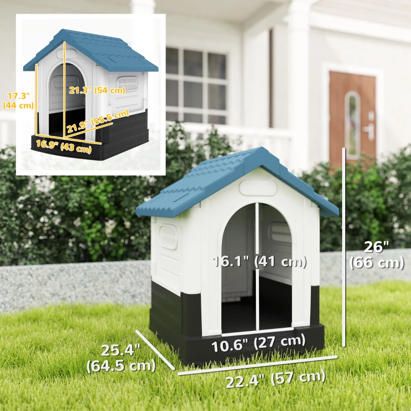 PawHut Outside Dog Kennel House with Windows, Base Support, for Garden Patio, Miniature Dogs, 64.5 x 57 x 66cm, Blue