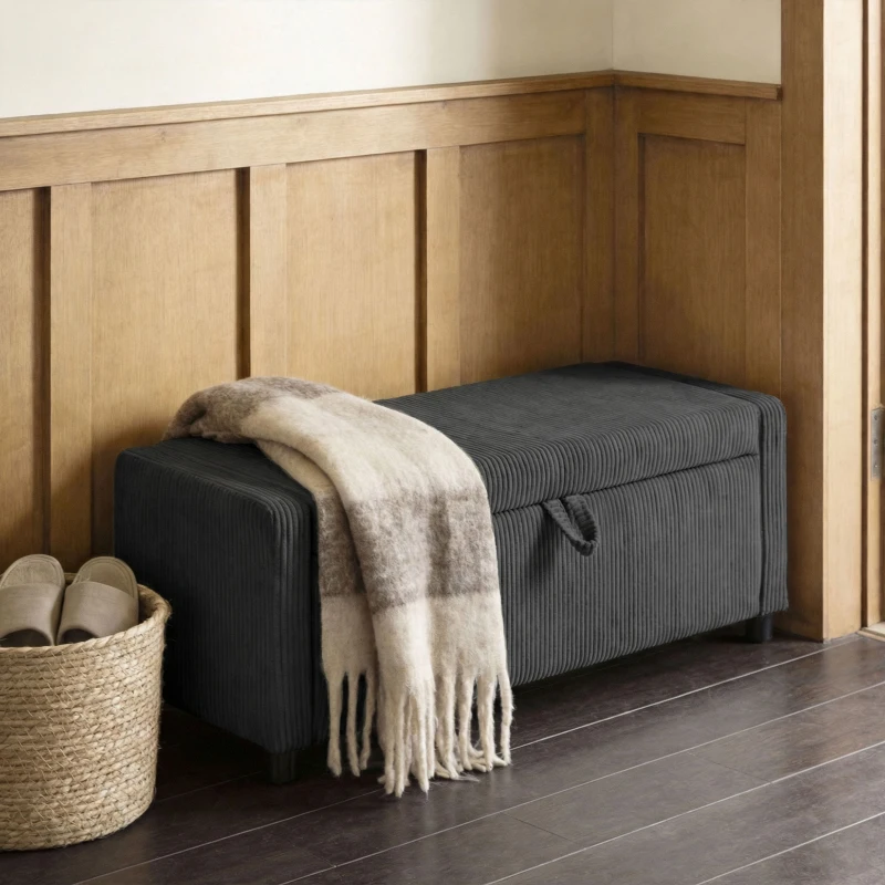HOMCOM Storage Ottoman, Upholstered Corduroy End of Bed Bench with Thick Padding, Storage Bench for Bedroom, Dark Grey