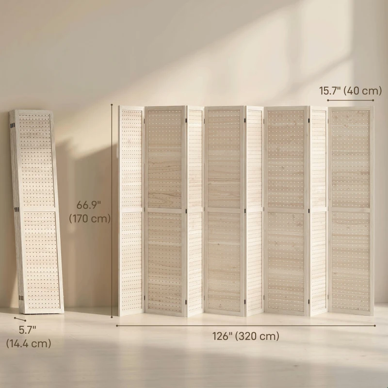 HOMCOM 5.6 Ft. Tall 8-Panel Room Divider, Pegboard Panel Folding Privacy Screen, Partition Wall Divider for Bedroom, Natural