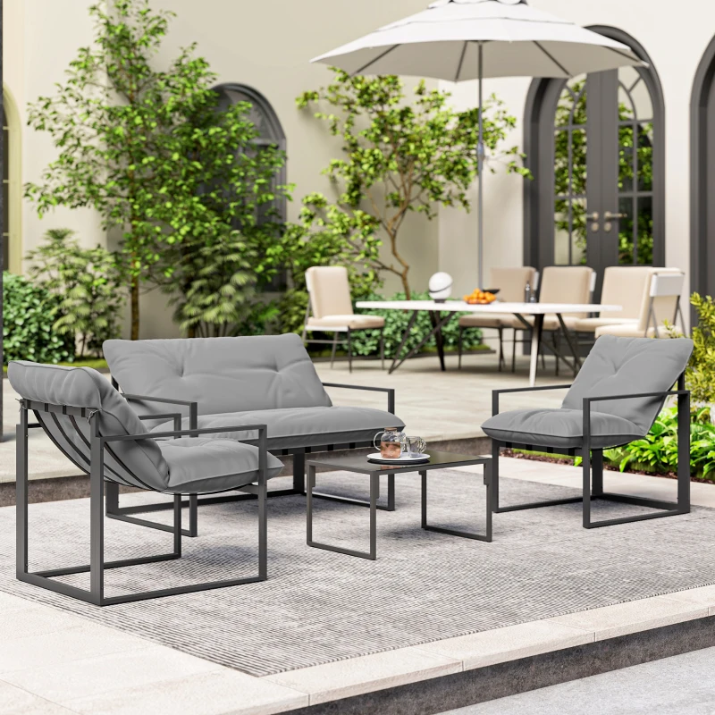 Outsunny 4 Piece Outdoor Furniture Set, Patio Conversation Set with Tempered Glass Table, Loveseat, Chairs, Cushions, Light Grey