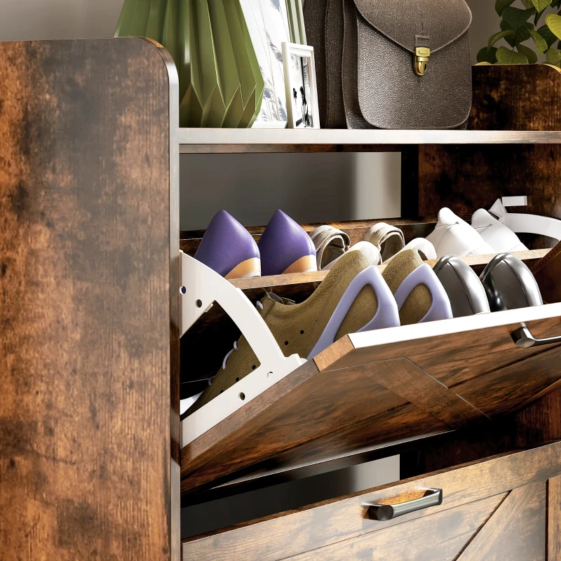 HOMCOM Narrow Shoe Storage Cabinet Farmhouse Shoe Cabinet with 3 Flip Drawers Adjustable Shelves for Entryway Rustic Brown