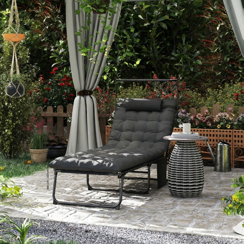 Outsunny Folding Lounge Chair with Adjustable Canopy, 4-Position Outdoor Tanning Chair with Headrest, Dark Grey