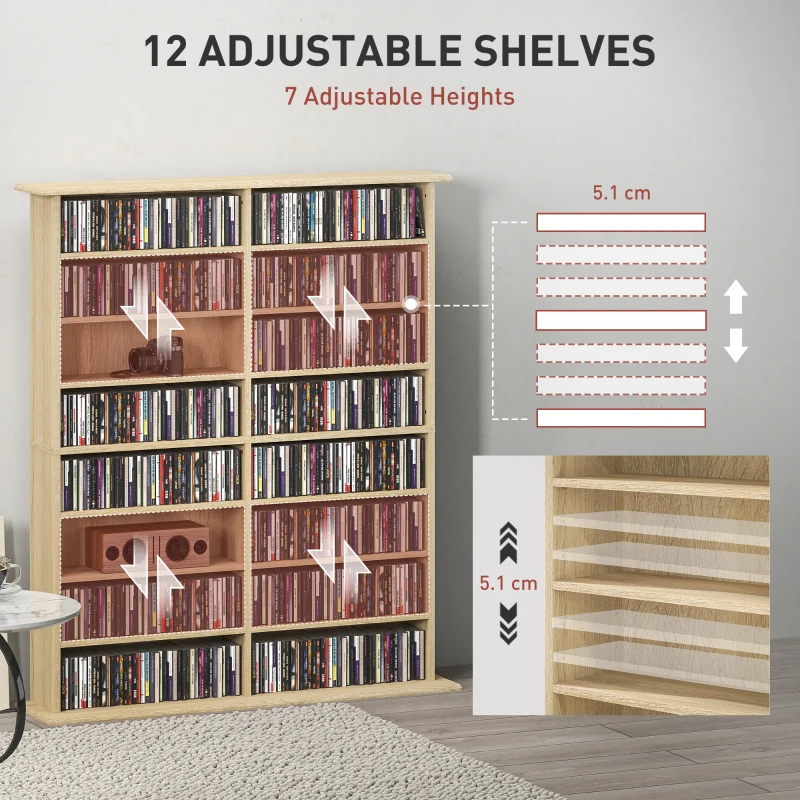 HOMCOM 8-Tier DVD Shelf with 12 Adjustable Shelves, Double CD Shelf, Holds 720 CDs, 396 DVDs or 396 Blu-rays, Natural Wood