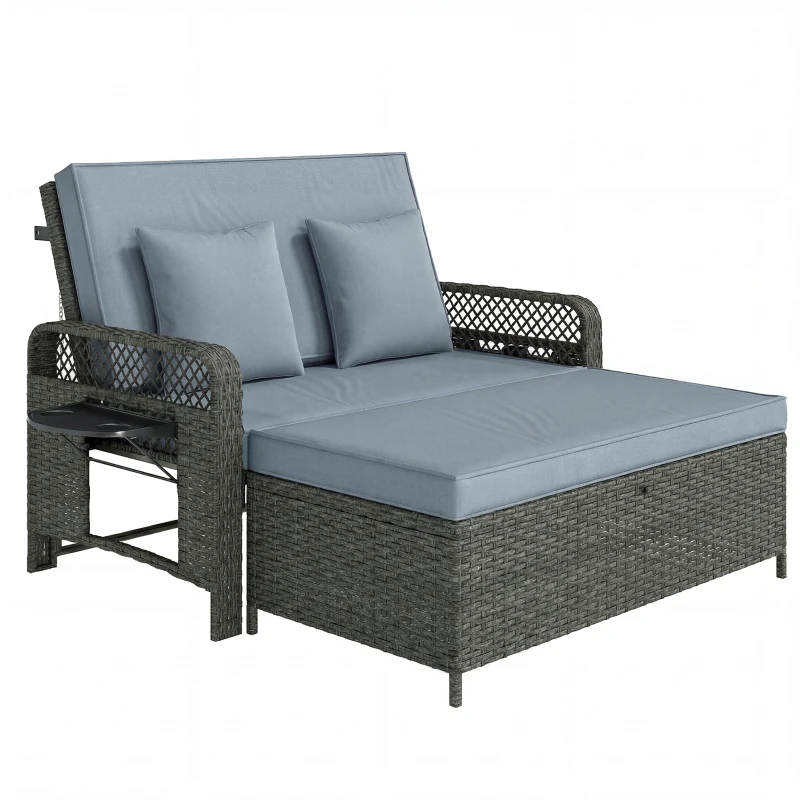 Outsunny 2 Pieces Patio Lounge Chair Set with Cushions, PE Wicker Outdoor Chaise Lounge with Adjustable Backrest, Side Trays