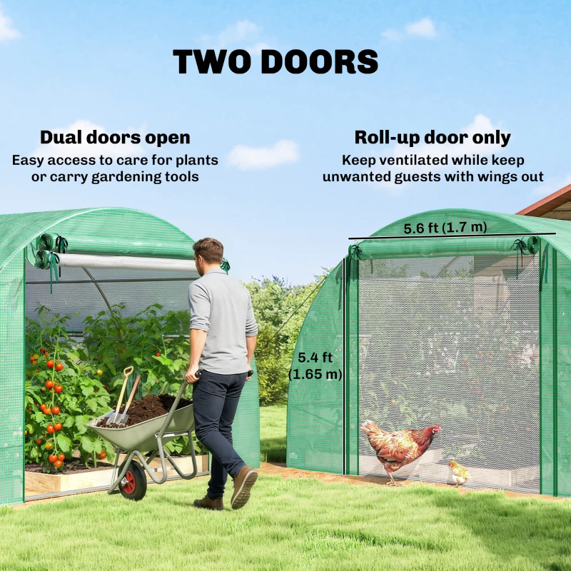 Outsunny Walk-in Tunnel Greenhouse with 2 Support Rods, Mesh Door, Plant Hot House with PE Cover, 20'x10'x7', Green