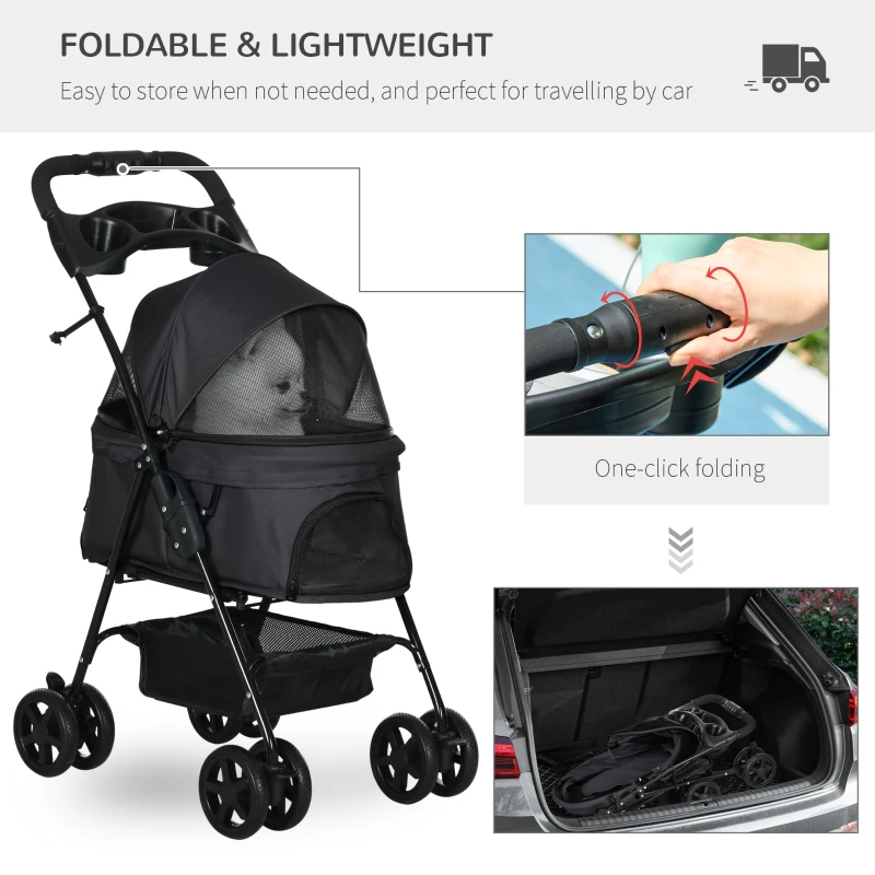 PawHut Dog Stroller Foldable Design with Storage Basket, Adjustable Canopy, Cup Holder, Safety Leashes, for Mini Dogs, Black