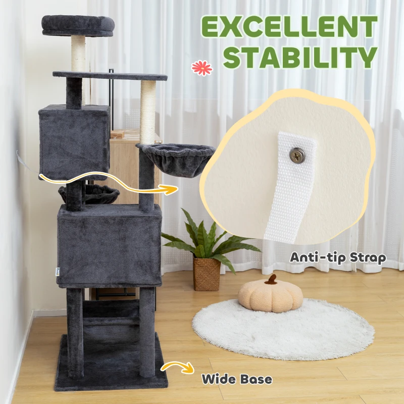 PawHut 66 Inch Large Cat Tree with 2 Door Condos, 3 Big Hammocks, Plush Top Perch, Sisal Scratching Posts, Dark Grey