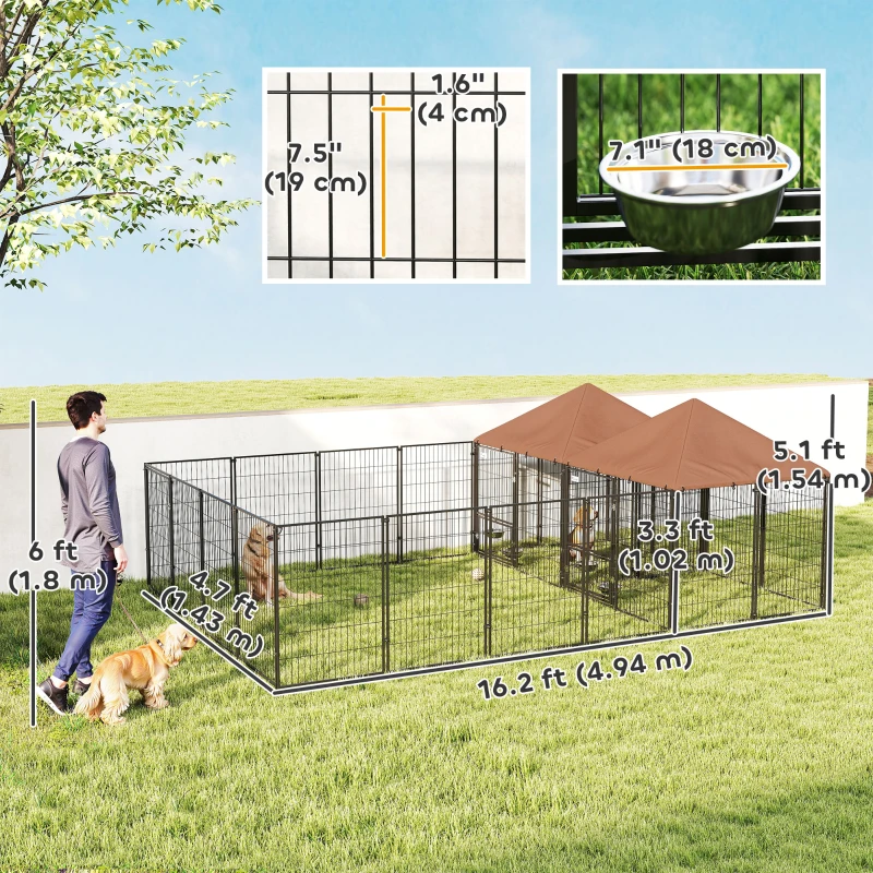 PawHut Large Outdoor Dog Kennel with 2 Rooms, Rotating & Adjustable Height Bowls, 13.5' x 9.4' x 5.1'