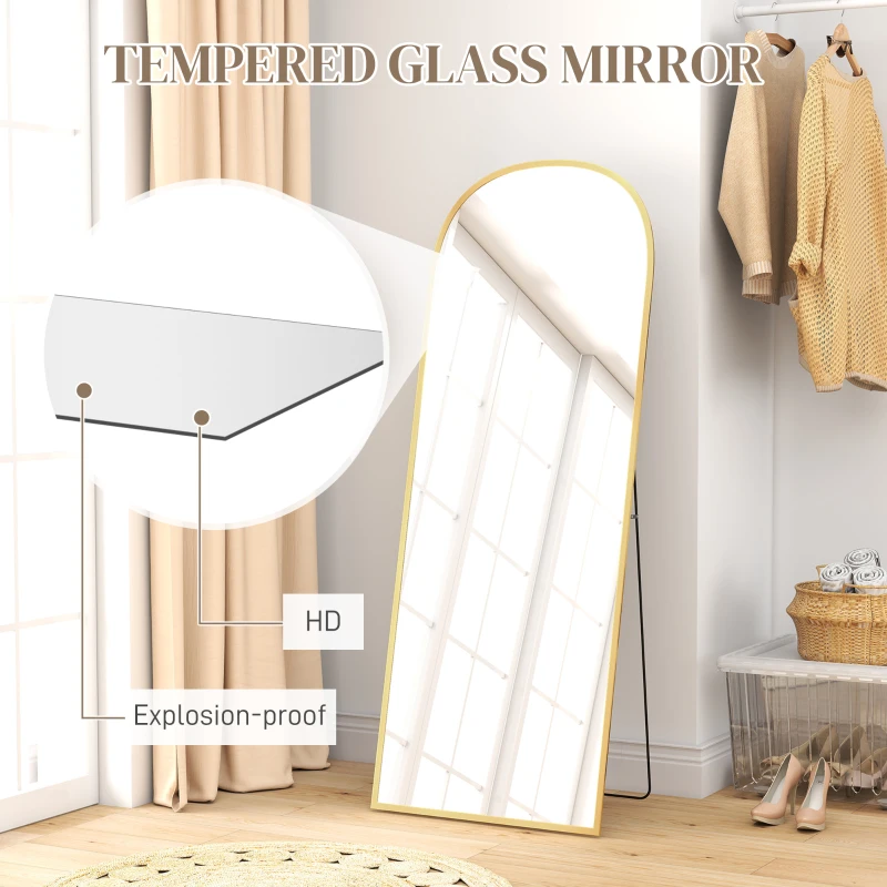 HOMCOM Arched Standing Mirror, 64" x 24" Full Length Mirror, Free Standing or Wall Mounted for Living Room, Bedroom, Gold