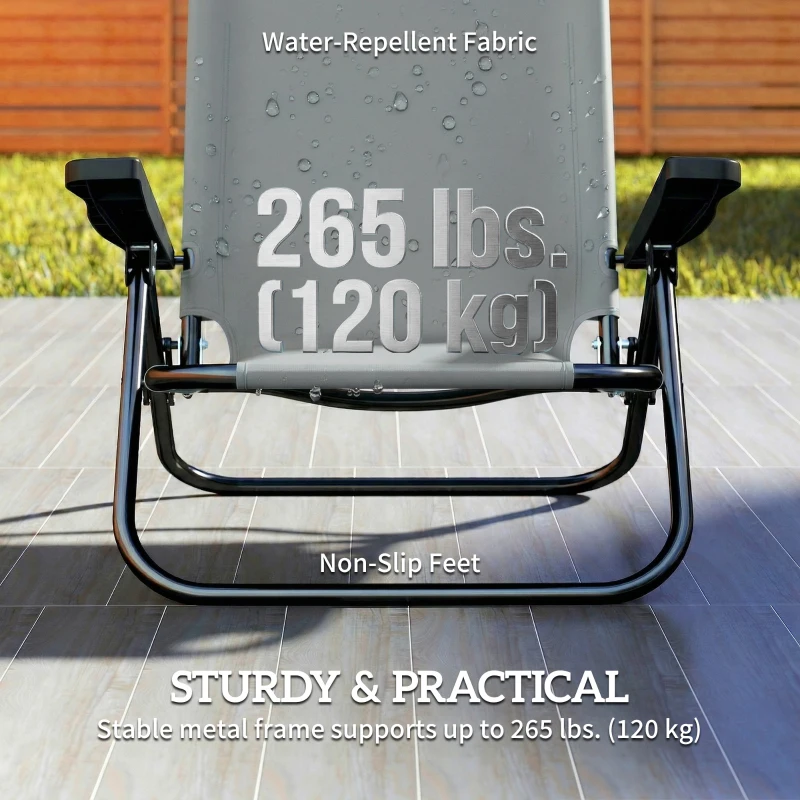 Outsunny Set of 2 Beach Chair 5-Position Adjustable Folding Camping Chair with Headrest Armrests Light Grey