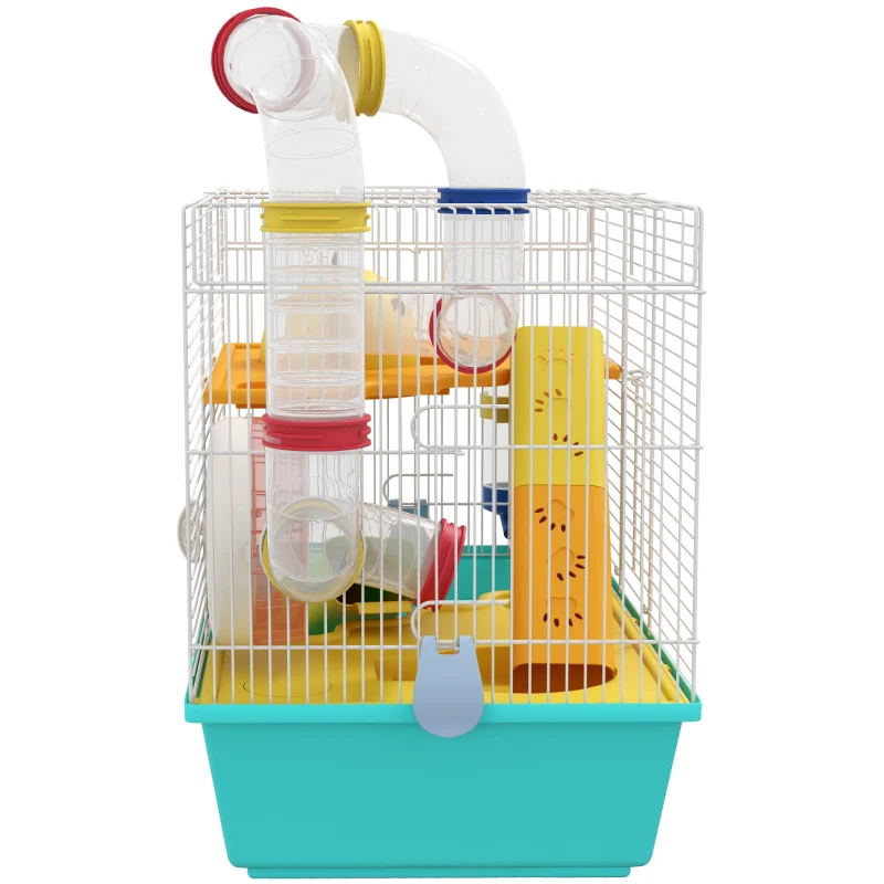 PawHut 3 Tiers Hamster Cage for Gerbil, Dwarf Hamster with Tunnels, Water Bottle, Exercise Wheel, 18" x 11" x 15" - Light Blue