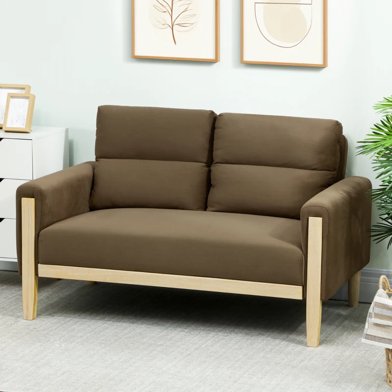HOMCOM 53" Loveseat Sofa, Small 2 Seater Couch with Solid Wood Legs, Modern Velvet Sofa for Living Room, Small Spaces,Brown