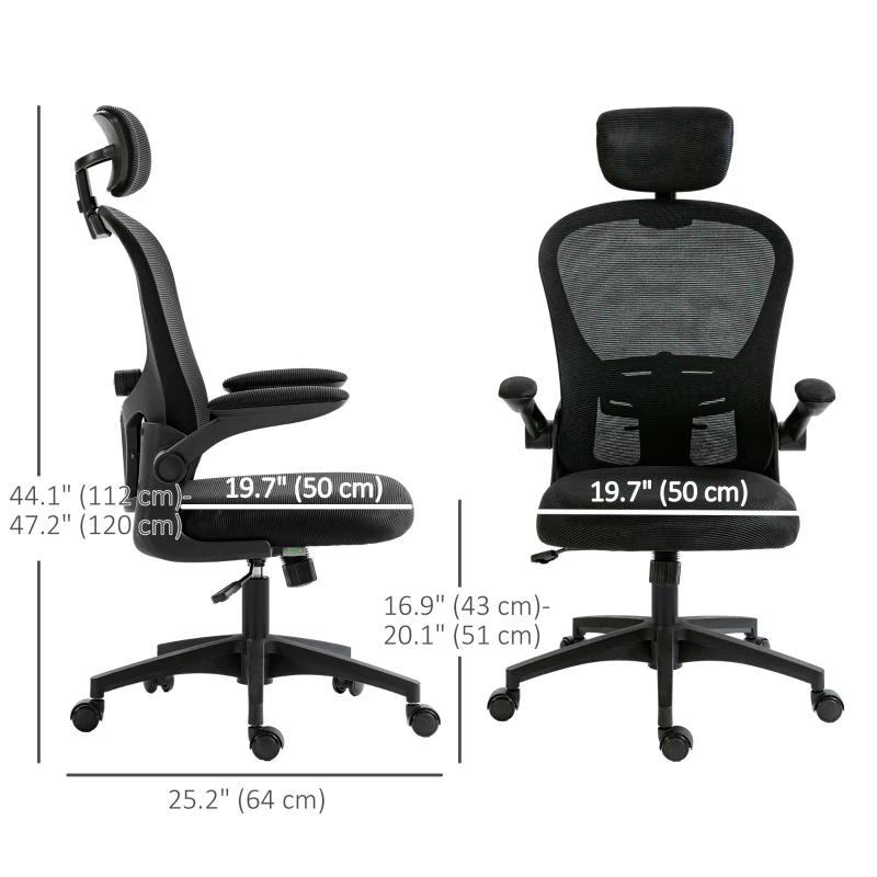 Vinsetto Office Chair, Mesh Computer Desk Chair with Adjustable Headrest, 4D Lumbar Support, Flip-up Arm, Black