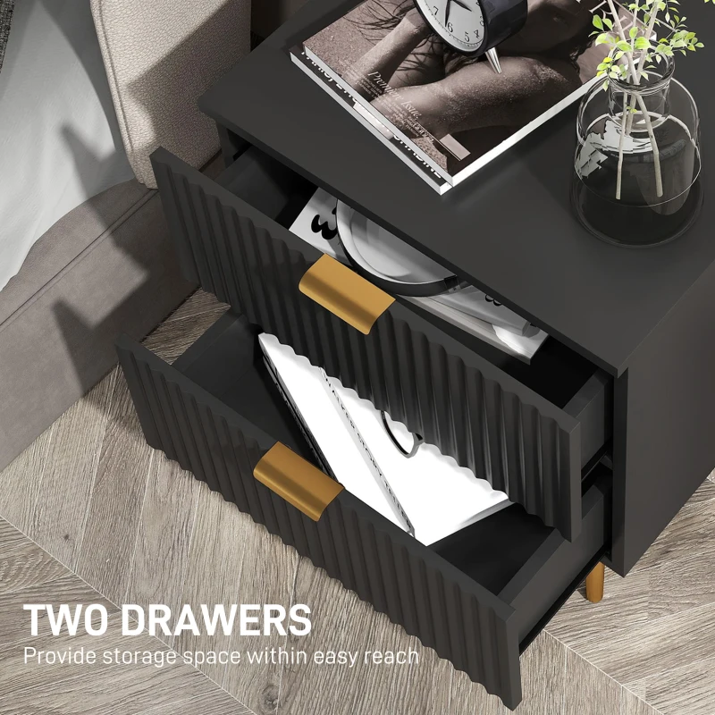 HOMCOM Bedside Table, Modern Nightstand with 2 Drawers, Side End Table with Metal Legs for Living Room, Bedroom, Black