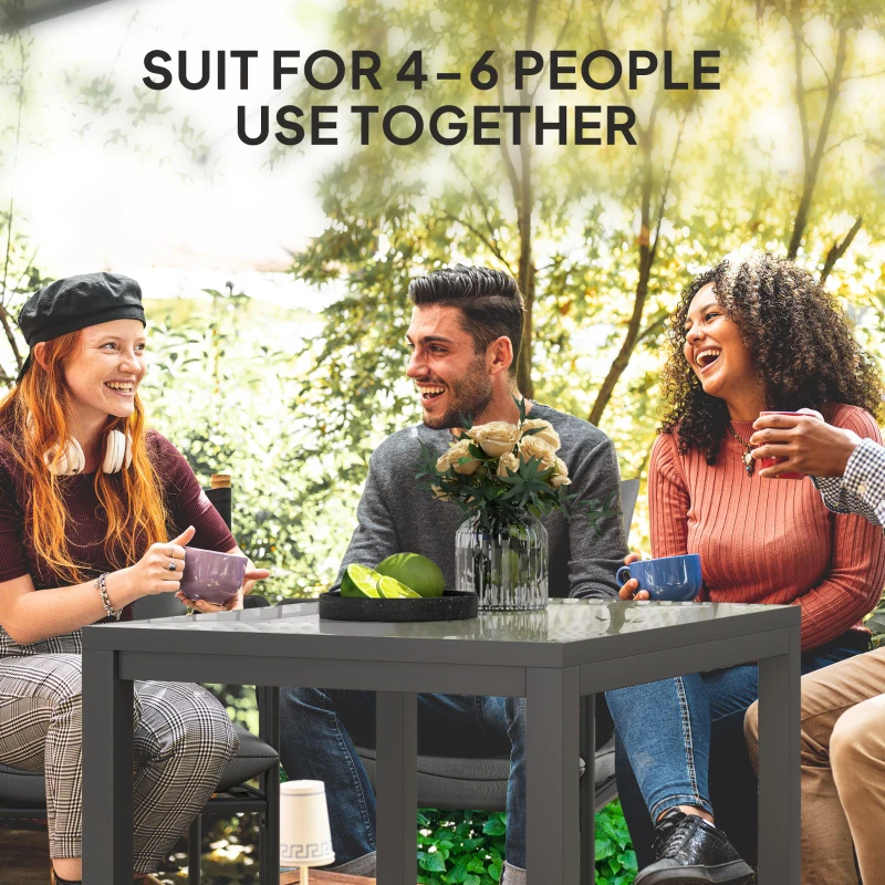 Outsunny Extendable Patio Dining Table, 33.5"-49.2" Adjustable Outdoor Dining Table for 4-6 Person, with Tempered Glass Top, Metal Frame, for Lawn, Garden, Dark Grey