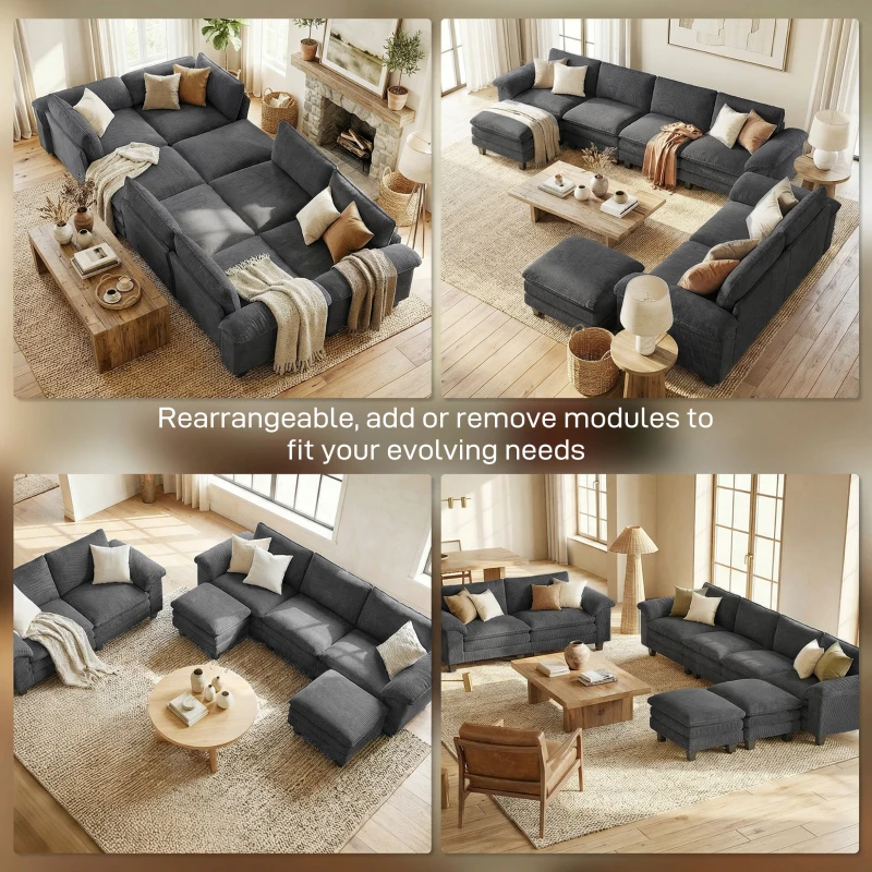 HOMCOM Sectional Sofa, L Shaped Couch with Deep Seat, Movable Ottoman and Pillow-top Armrests, Dark Grey