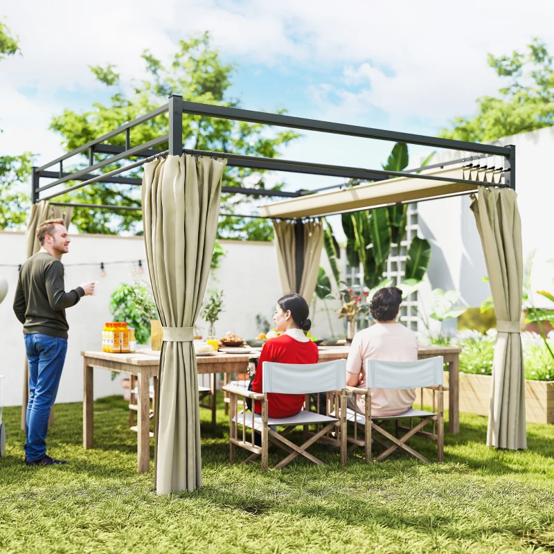 Outsunny 10' x 10' Outdoor Gazebo, Retractable Pergola Canopy with Curtains, UPF30+ Free Standing Metal Pergola Kit, Beige