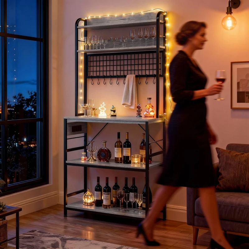 HOMCOM Kitchen Baker's Rack with Power Outlet and LED Light, 5-Tier Coffee Bar Station with 10 Hooks, Grey