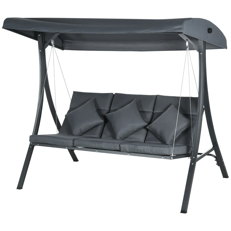 Outsunny 3-Person Patio Swing Chair, Outdoor Porch Swing Bench with Adjustable Canopy, Cushioned Seat, Dark Grey
