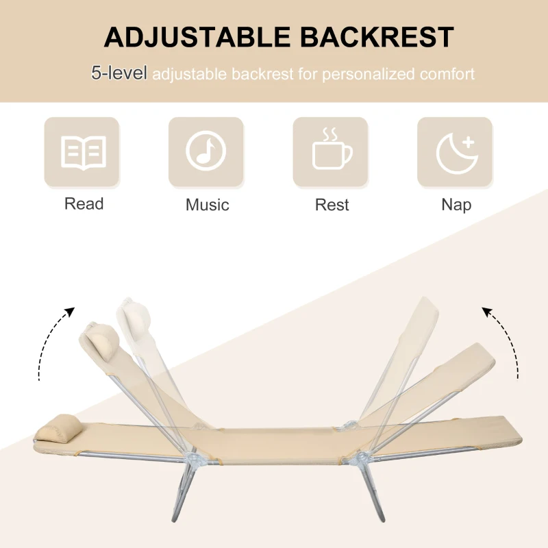 Outsunny Folding Outdoor Lounge Chair Set of 2, Reclining Tanning Chair with 5-Position Adjustable Backrest, Brown
