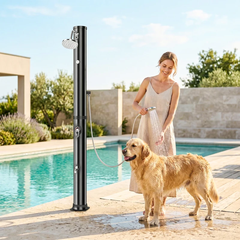 Outsunny 10.6 Gal Solar Heated Shower, 7.2 FT Outdoor Shower with 2 Shower Heads, Adjustable Temperature, Foot Faucet