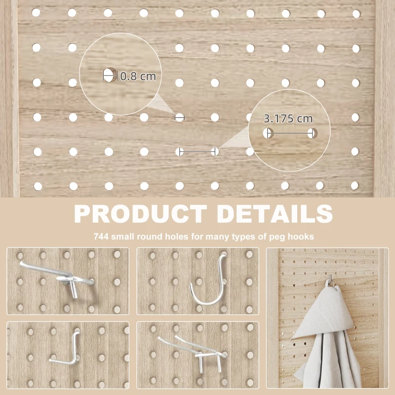 HOMCOM 5.6 Ft. Tall 8-Panel Room Divider, Pegboard Panel Folding Privacy Screen, Partition Wall Divider for Bedroom, Natural