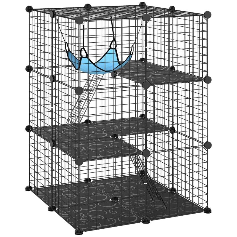 PawHut 3 Tier Cat Cage Crate, DIY Pet Playpen with 3 Doors, Ladders, Hammock, Platforms, Indoor Playpen for Kittens, Black