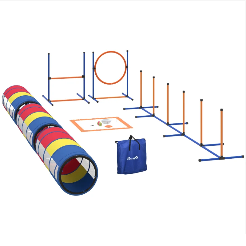 PawHut Dog Agility Training Equipment, 11-Piece Dog Obstacle Course with Adjustable Hurdle & Ring, 3 Tunnels, Weave Poles