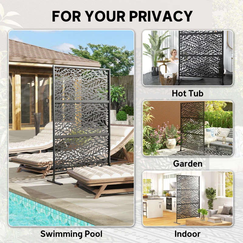 Outsunny Metal Outdoor Privacy Screen, Freestanding Outdoor Divider with Stand, 78" x 48", Black
