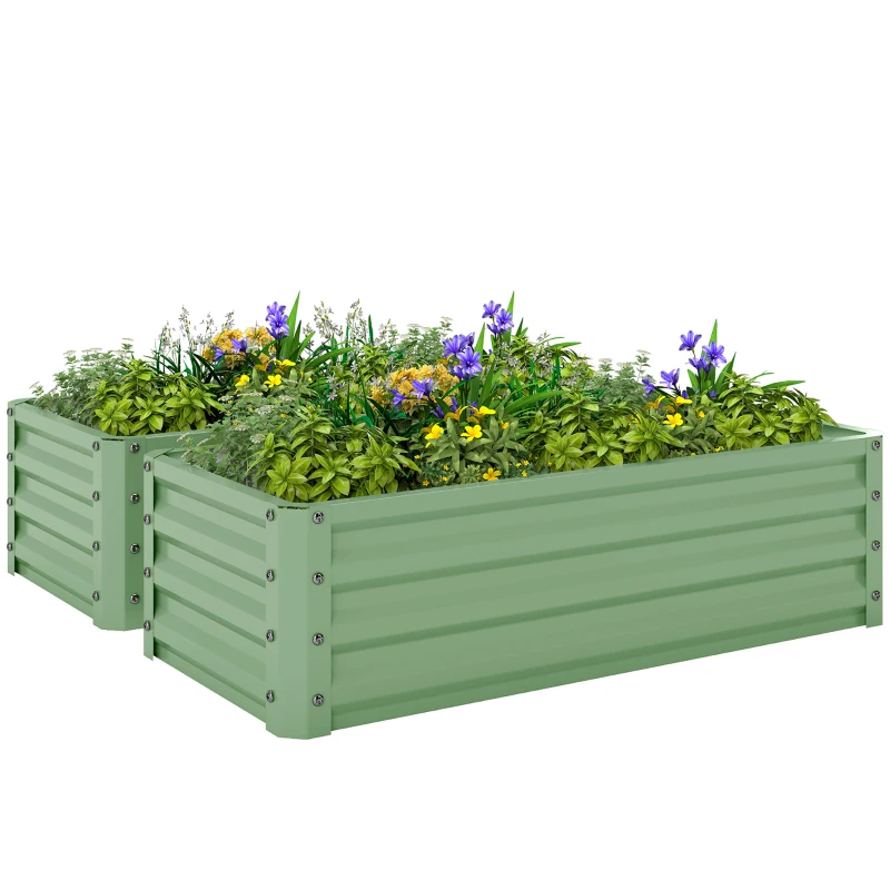 Outsunny Galvanized Raised Garden Beds, Outdoor Planter Box, Set of 2, for Flowers, Herbs and Vegetables, Light Green