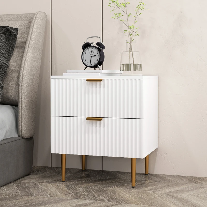 HOMCOM Bedside Table, Modern Nightstand with 2 Drawers, Side End Table with Metal Legs for Living Room, Bedroom, White