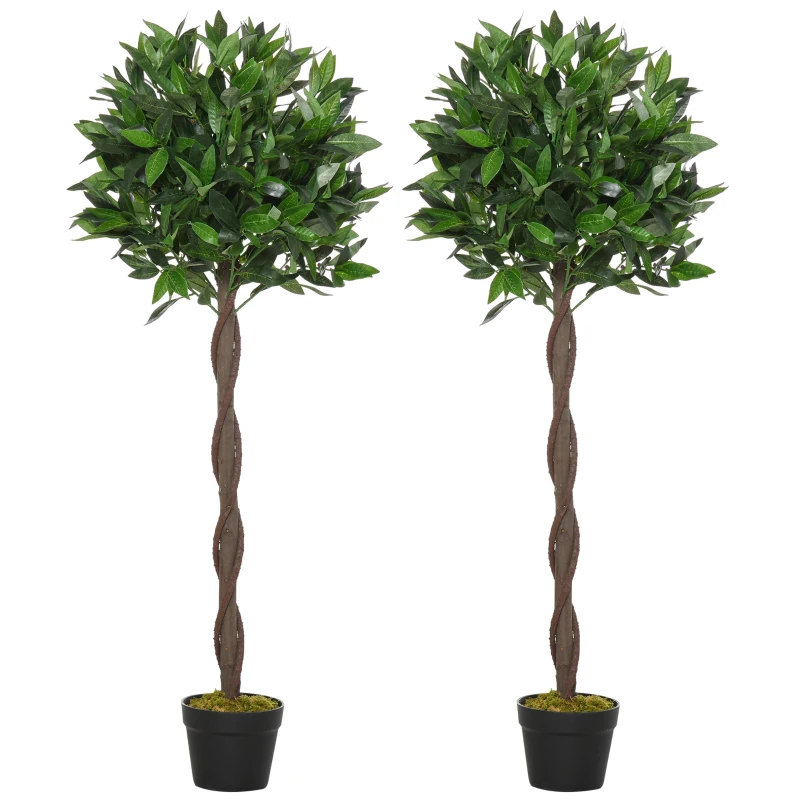Outsunny 4FT Artificial Laurel Tree Set of 2, Lifelike Fake Plant with 564 Leaves, Potted Fake Plant for Home Office Decor, Green