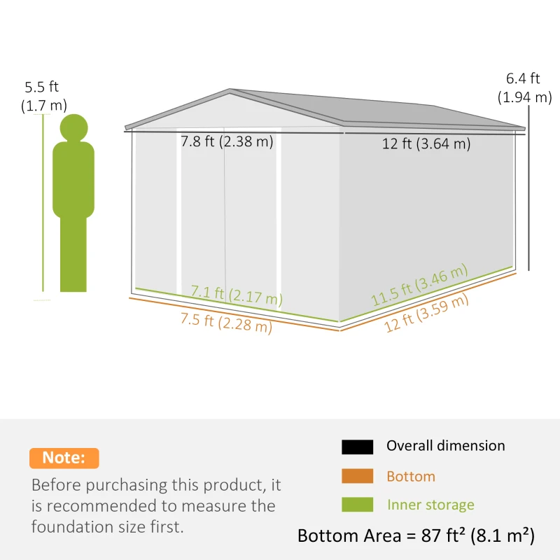 Outsunny 12' x 8' Metal Shed, Heavy Duty Outdoor Storage Shed with 4 Vents and Lockable Double Doors, Dark Grey