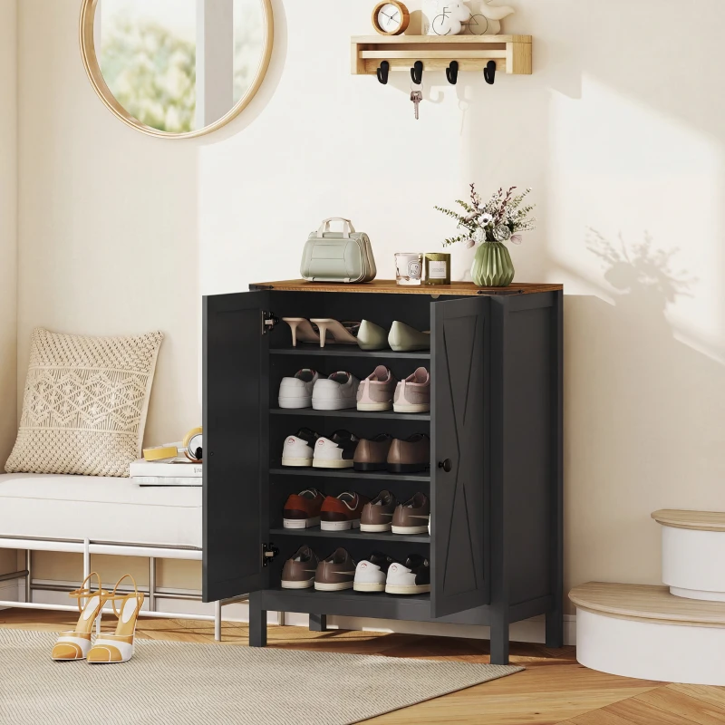 HOMCOM Shoe Cabinet with Barn Doors, Farmhouse Shoe Storage Cabinet with Adjustable Shelves, Holds up to 15 Pairs, Black