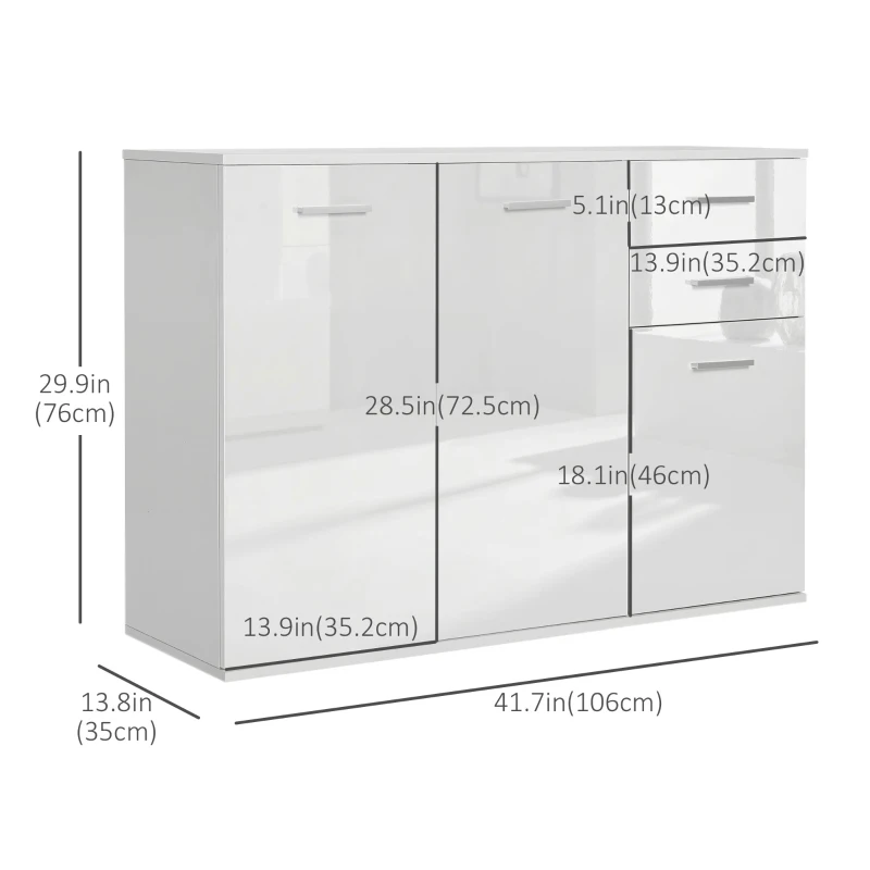 HOMCOM High Gloss Sideboard with 2 Drawers and 3 Doors, Buffet Cabinet with Adjustable Shelf, Coffee Bar Cabinet with Storage, White