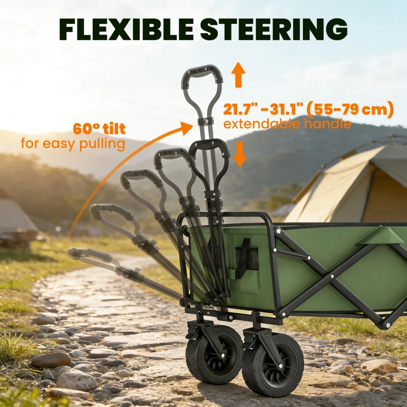 Outsunny 130L Folding Garden Cart with Wheels, Heavy-Duty Collapsible Wagon with Brakes, Green