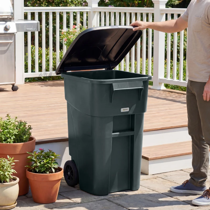 Outsunny Outdoor Garbage Bin with Lid and Wheels, 53 Gallon Large Trash Can Garbage Can with Handle for Patio, Yard, Dark Grey