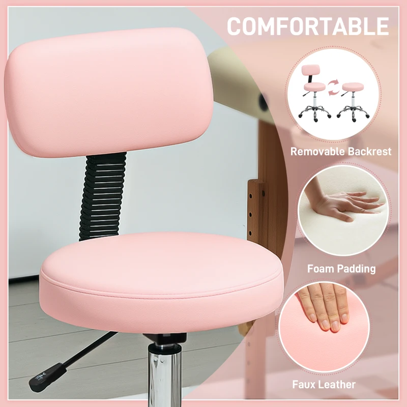 HOMCOM Adjustable Rolling Stool with Removable Backrest, Faux Leather Swivel Stool Chair for Salon Spa, Bar, Massage, Pink