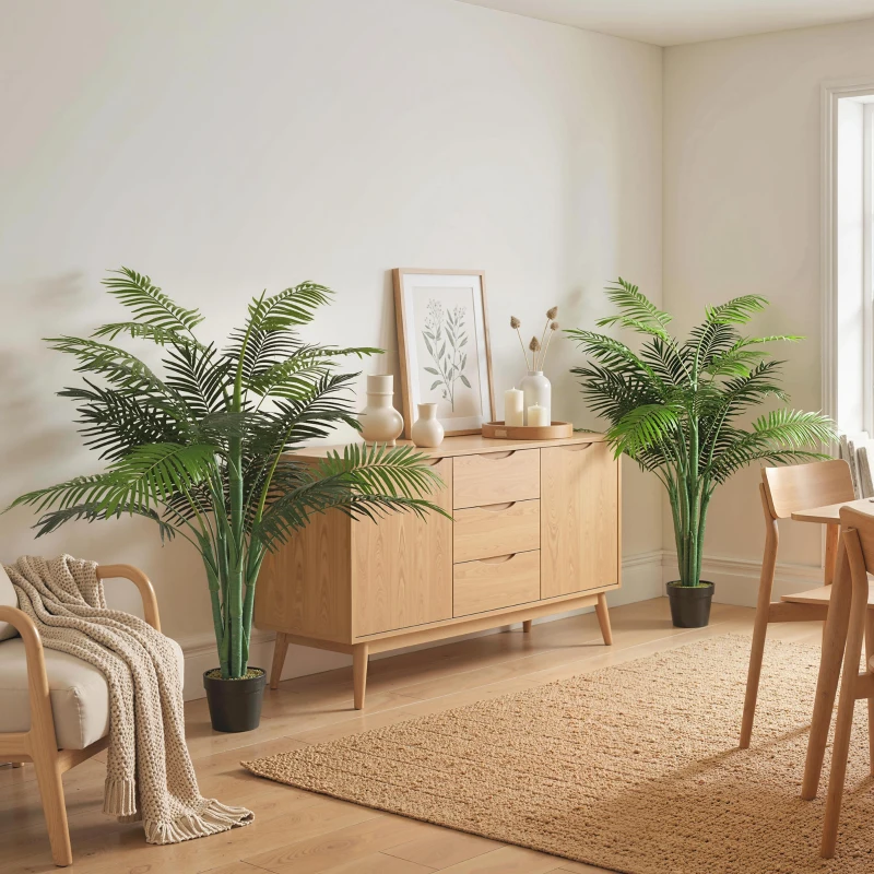 Outsunny 4FT Artificial Palm Tree Set of 2, Fake Tropical Tree with Lifelike Leaves, Faux Plant in Pot for Indoor Decoration, Green